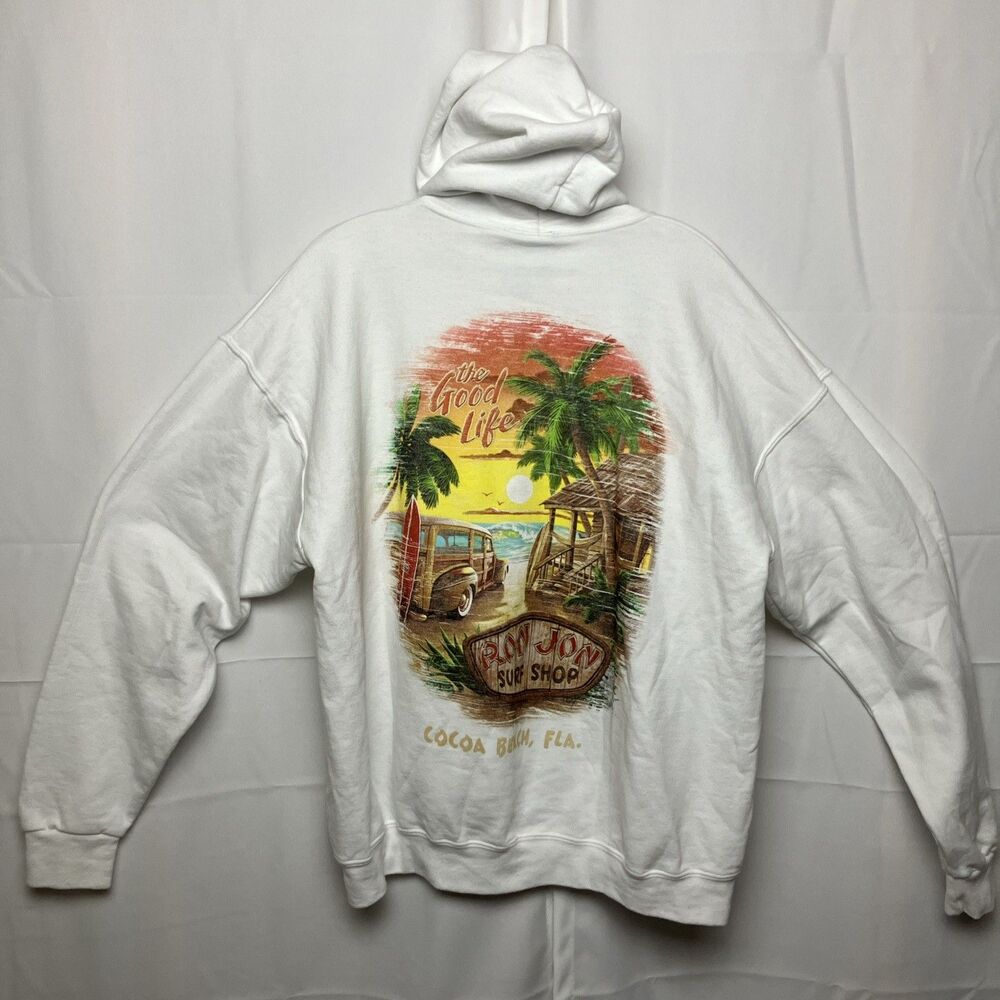 Ron Jon Surf Shop Hoodie Mens XL White Baja Drug Rug Pullover Cocoa Beach Resort
